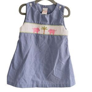 Smocked Giraffe Girls Blue Polka Dot Dress w/ Pink Elephant Embroidery Size 2